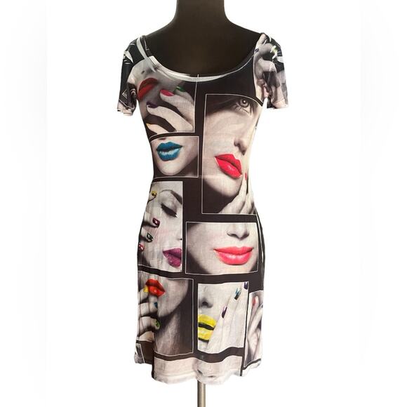 Vtg Y2K Semi Sheer Mesh Pop Art Disco Mini Dress Face Print Retro Punk Coverup - Picture 1 of 5